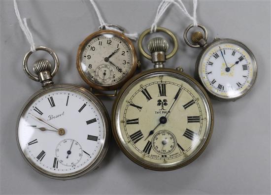 A 9ct gold-cased trench watch, two silver pocket watches and a plated pocket watch.